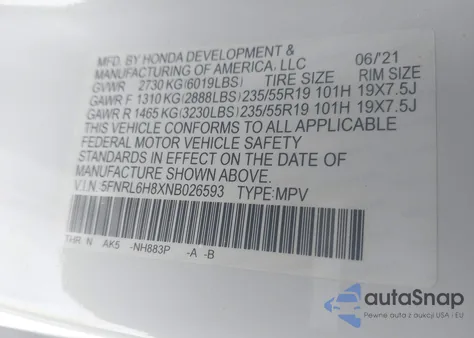 2022 Honda Odyssey Touring z USA, uszkodzony, nr VIN 5FNRL6H8XNB026593